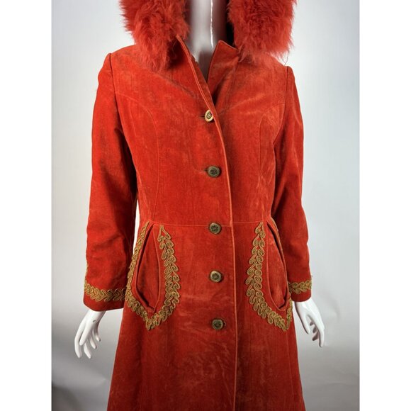 Vintage 70s Red Velvet Penny Lane Coat W/ Gold Embroidery & faux Fur Trim Hood - Picture 4 of 16